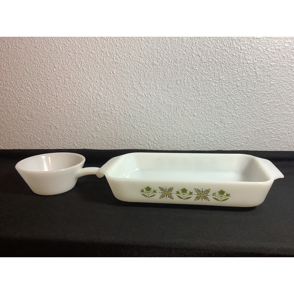 Anchor Hocking &Fire King #432 Bake Dish Meadow Green 1-1/2 Qt & Soup Bowl